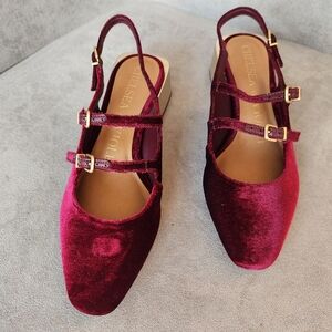 Chelsea & Violet Burgundy Velvet Triple-Strap Slingback Heels